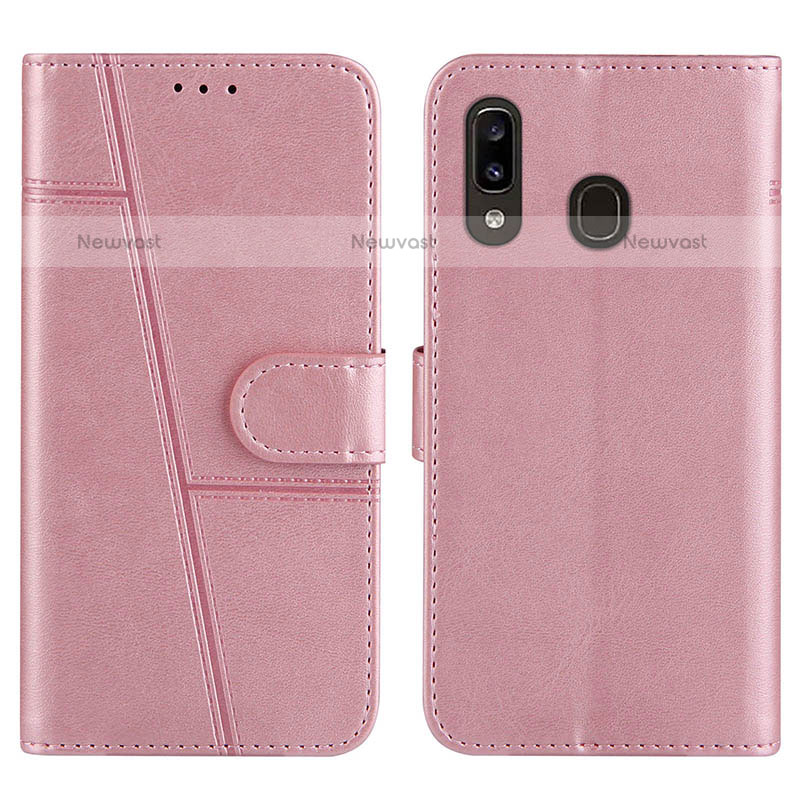 Leather Case Stands Flip Cover Holder Y02X for Samsung Galaxy A20 Rose Gold