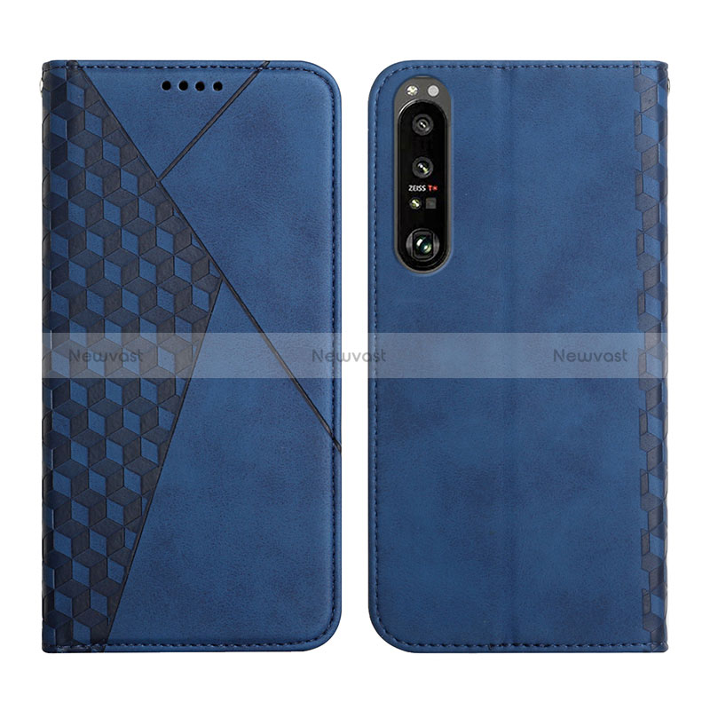 Leather Case Stands Flip Cover Holder Y02X for Sony Xperia 1 III Blue