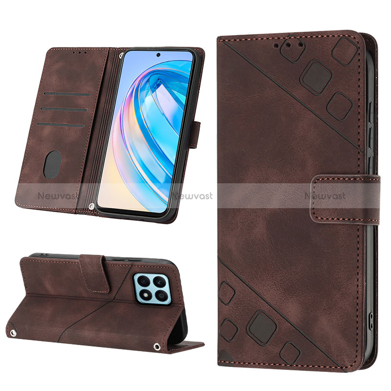 Leather Case Stands Flip Cover Holder Y03B for Huawei Honor X8a 4G