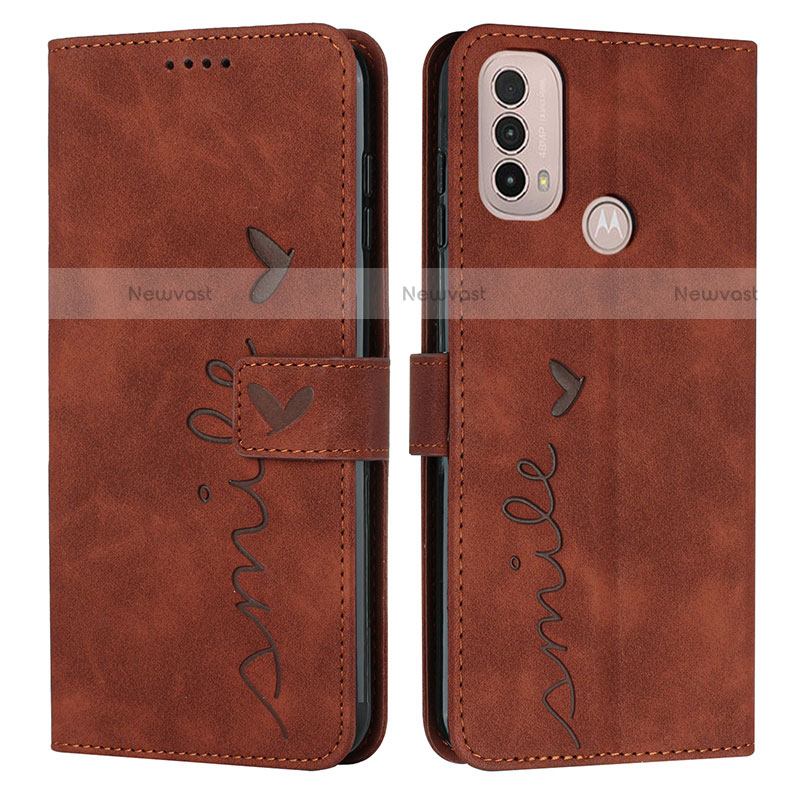 Leather Case Stands Flip Cover Holder Y03X for Motorola Moto E20 Brown