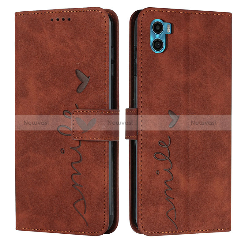 Leather Case Stands Flip Cover Holder Y03X for Motorola Moto E22S Brown