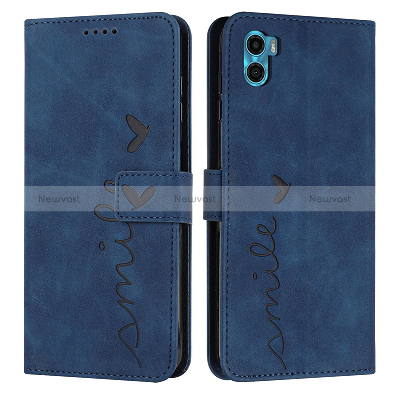 Leather Case Stands Flip Cover Holder Y03X for Motorola Moto E32 India Blue