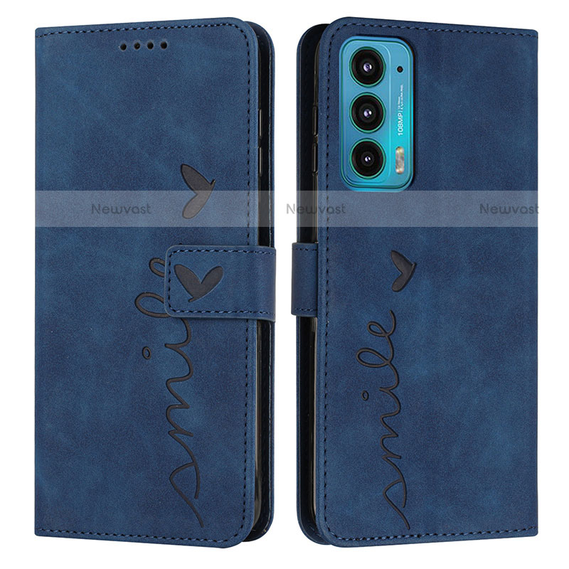 Leather Case Stands Flip Cover Holder Y03X for Motorola Moto Edge 20 5G Blue