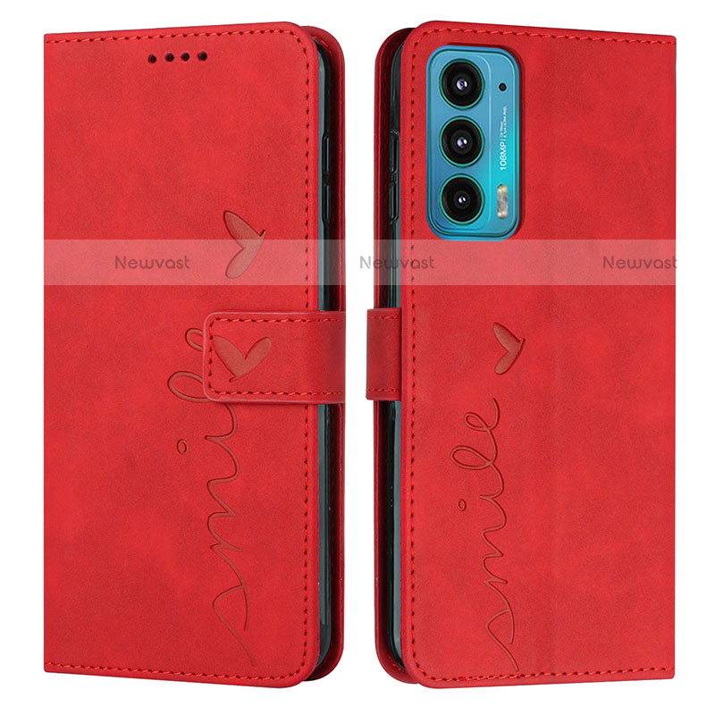 Leather Case Stands Flip Cover Holder Y03X for Motorola Moto Edge 20 5G Red