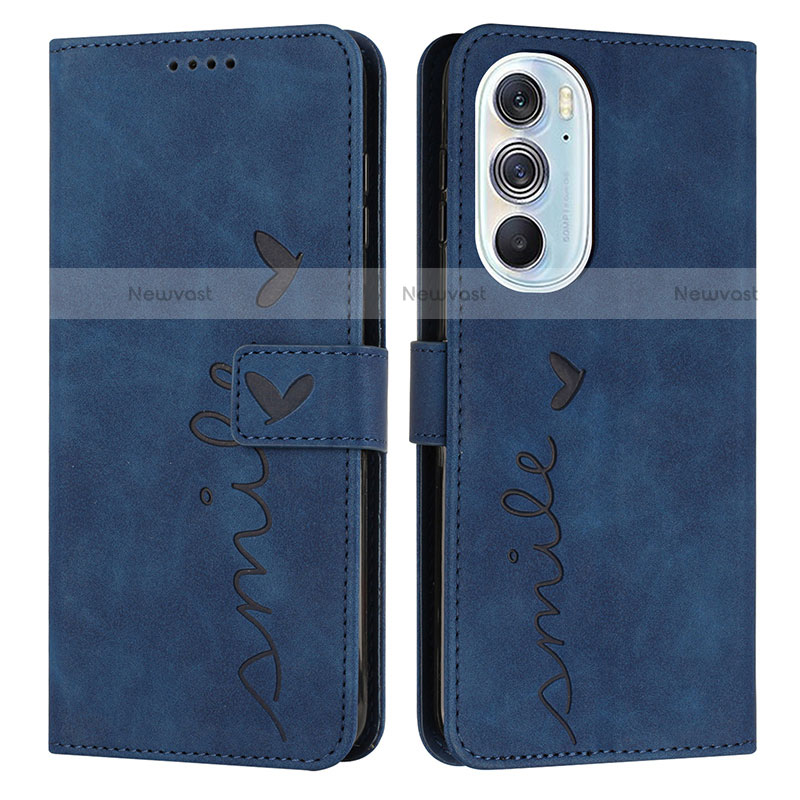 Leather Case Stands Flip Cover Holder Y03X for Motorola Moto Edge Plus (2022) 5G Blue