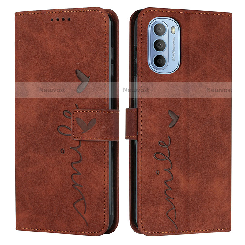 Leather Case Stands Flip Cover Holder Y03X for Motorola Moto G51 5G Brown