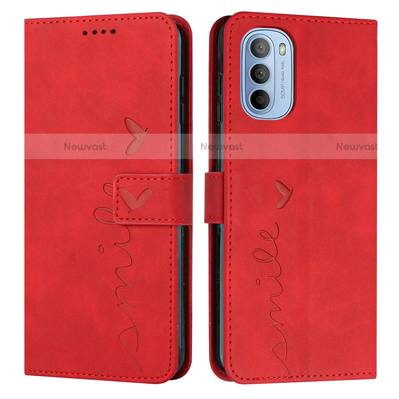 Leather Case Stands Flip Cover Holder Y03X for Motorola Moto G51 5G Red