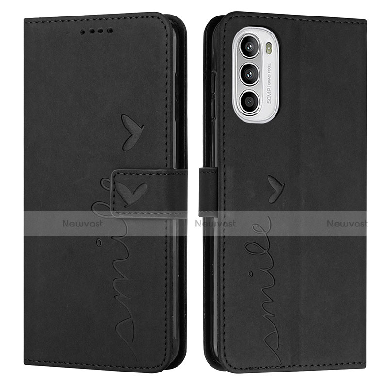 Leather Case Stands Flip Cover Holder Y03X for Motorola MOTO G52 Black