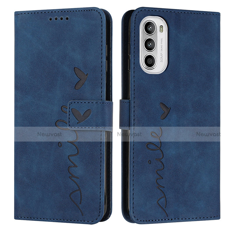 Leather Case Stands Flip Cover Holder Y03X for Motorola MOTO G52 Blue