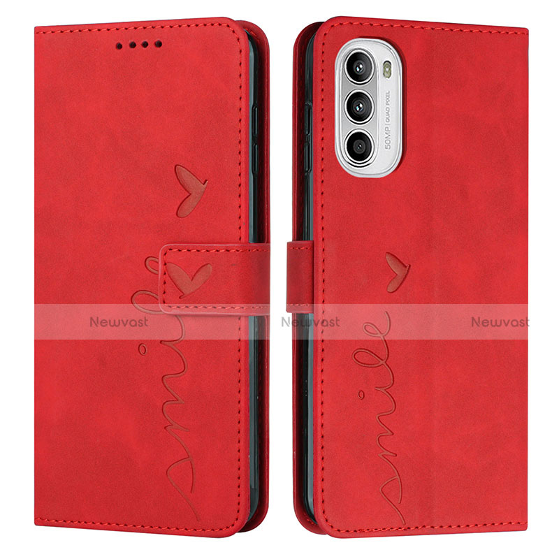 Leather Case Stands Flip Cover Holder Y03X for Motorola MOTO G52 Red