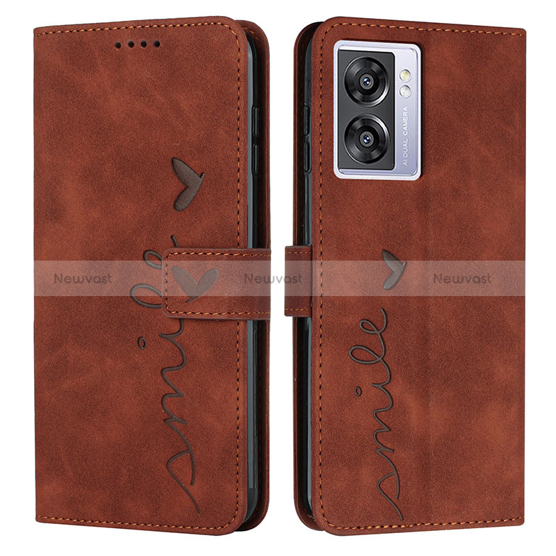 Leather Case Stands Flip Cover Holder Y03X for Oppo A57 5G Brown