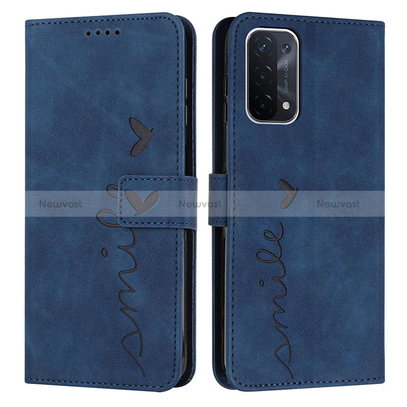 Leather Case Stands Flip Cover Holder Y03X for Oppo A74 5G Blue