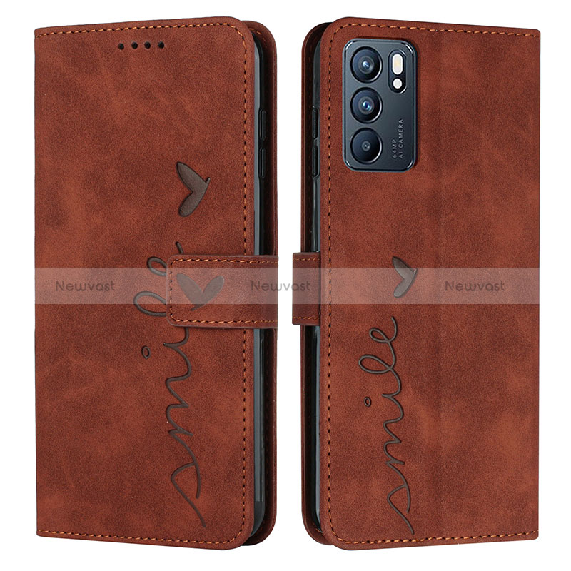 Leather Case Stands Flip Cover Holder Y03X for Oppo Reno6 5G Brown