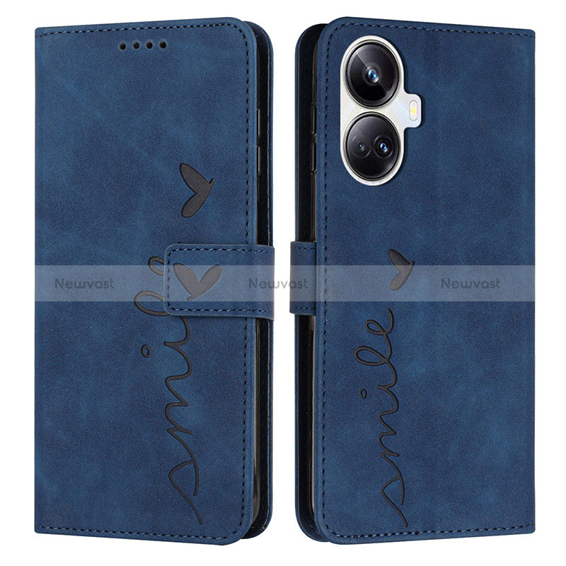 Leather Case Stands Flip Cover Holder Y03X for Realme 10 Pro+ Plus 5G Blue