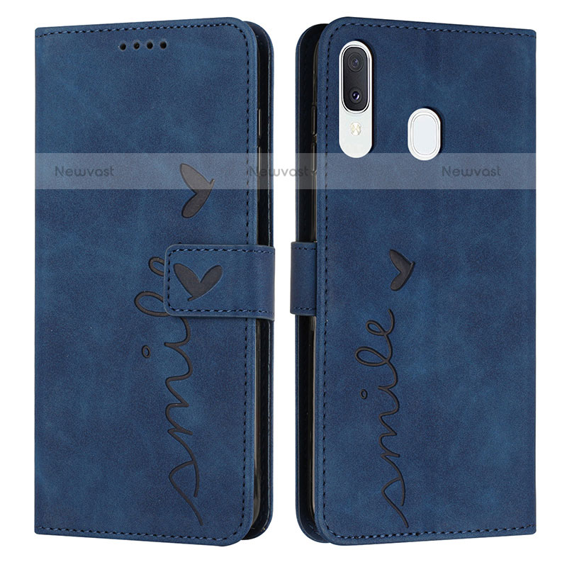 Leather Case Stands Flip Cover Holder Y03X for Samsung Galaxy A20 Blue