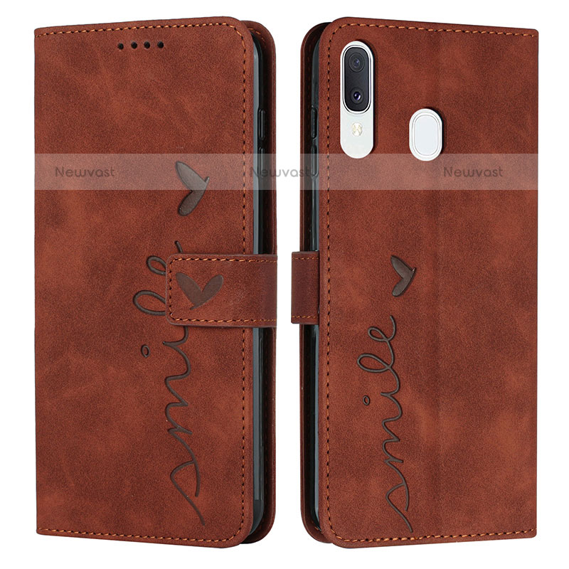 Leather Case Stands Flip Cover Holder Y03X for Samsung Galaxy A20 Brown