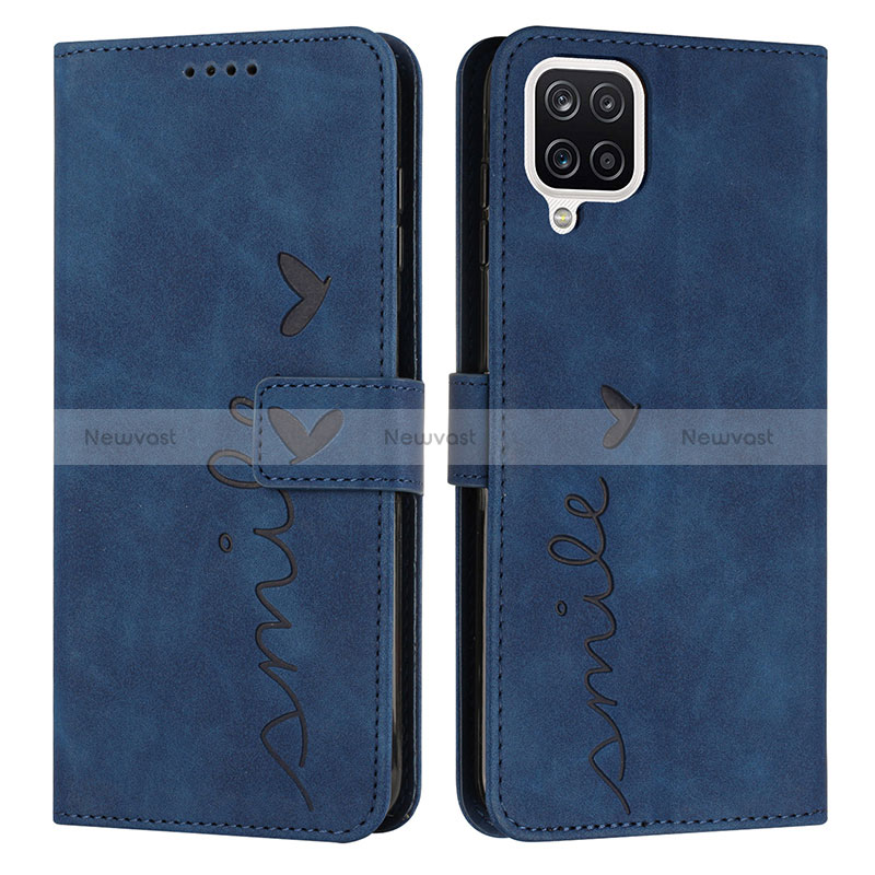 Leather Case Stands Flip Cover Holder Y03X for Samsung Galaxy M12 Blue