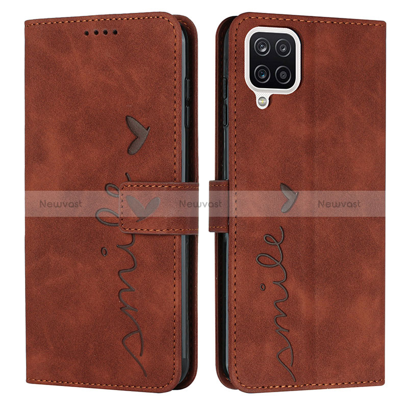 Leather Case Stands Flip Cover Holder Y03X for Samsung Galaxy M12 Brown