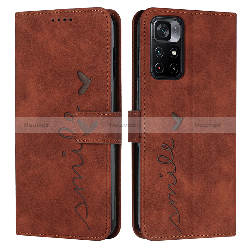 Leather Case Stands Flip Cover Holder Y03X for Xiaomi Poco M4 Pro 5G Brown