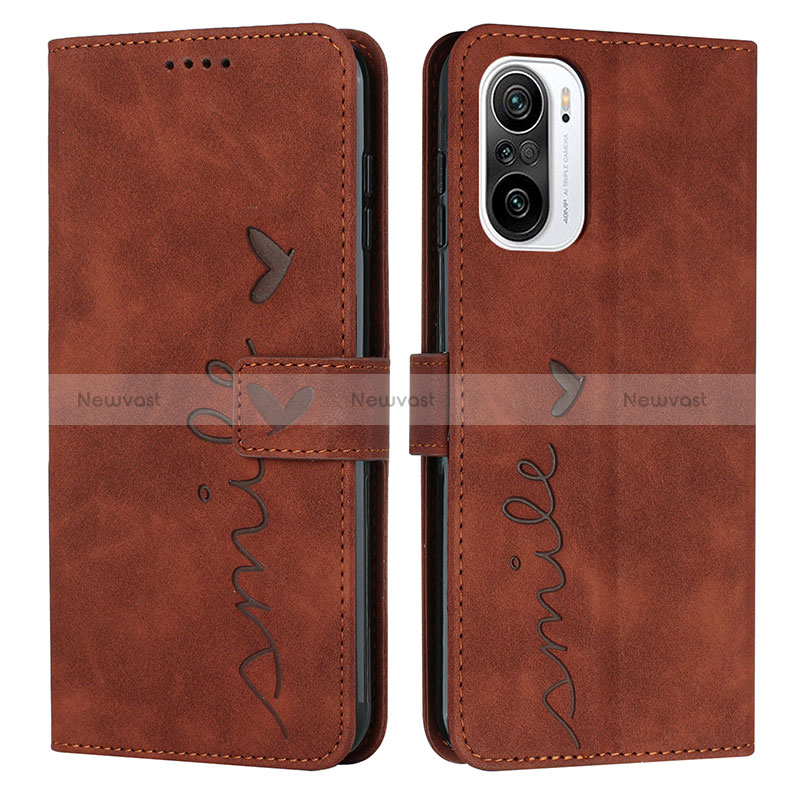 Leather Case Stands Flip Cover Holder Y03X for Xiaomi Redmi K40 Pro 5G Brown