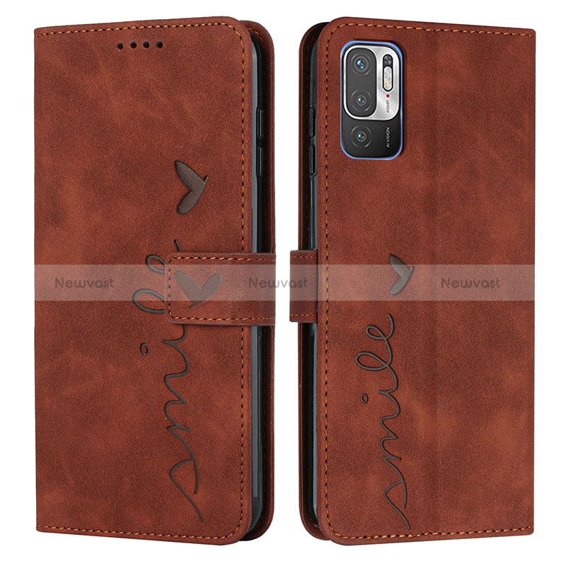 Leather Case Stands Flip Cover Holder Y03X for Xiaomi Redmi Note 10 5G Brown