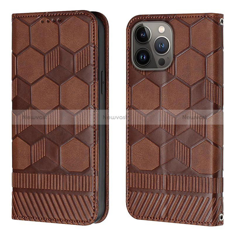 Leather Case Stands Flip Cover Holder Y04B for Apple iPhone 14 Pro Max Brown