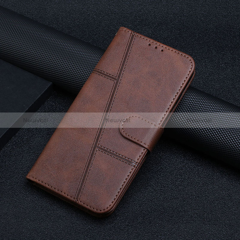 Leather Case Stands Flip Cover Holder Y04X for Motorola Moto E22S Brown