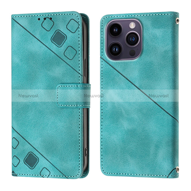 Leather Case Stands Flip Cover Holder Y05B for Apple iPhone 14 Pro Cyan