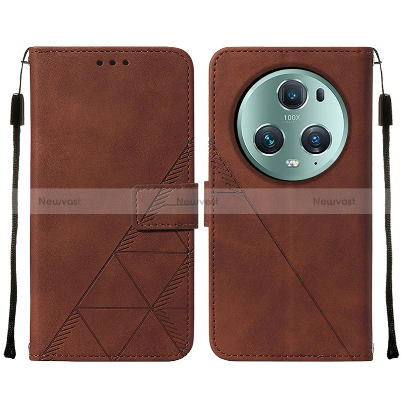 Leather Case Stands Flip Cover Holder Y05B for Huawei Honor Magic5 Pro 5G Brown