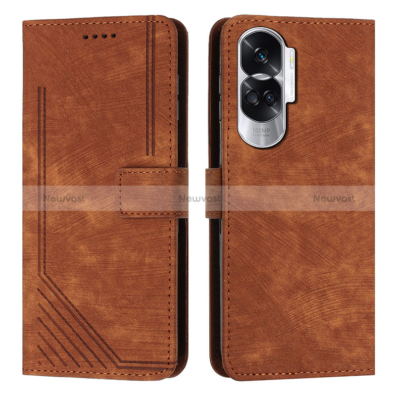 Leather Case Stands Flip Cover Holder Y08X for Huawei Honor 90 Lite 5G Brown