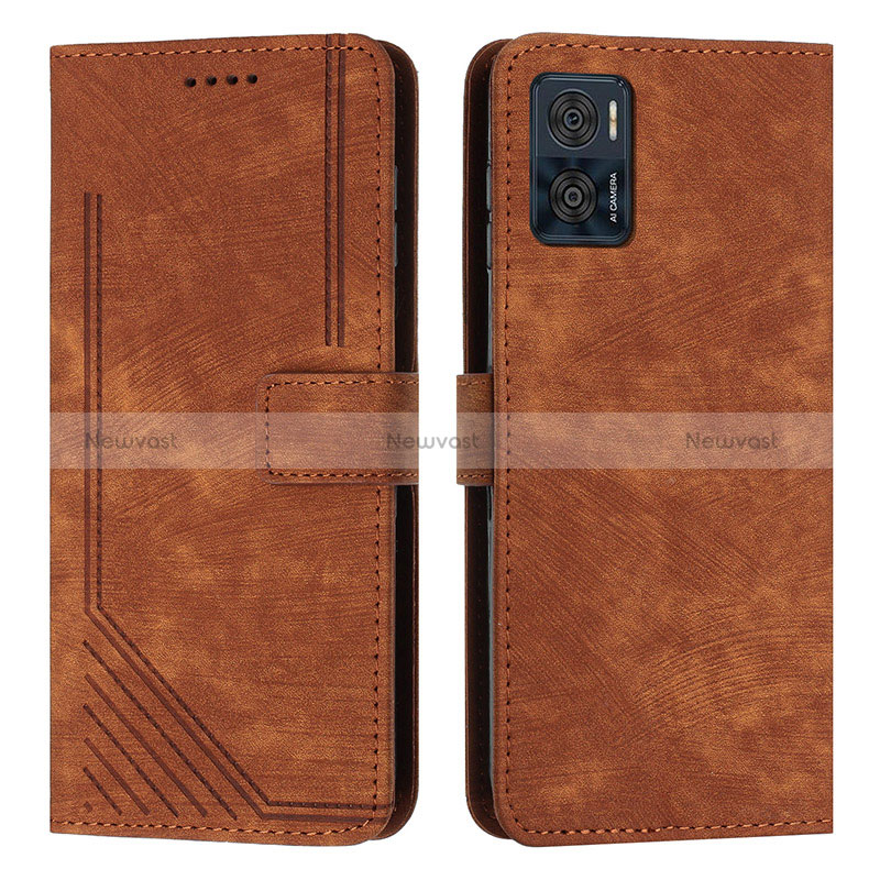 Leather Case Stands Flip Cover Holder Y08X for Motorola Moto E22 Brown