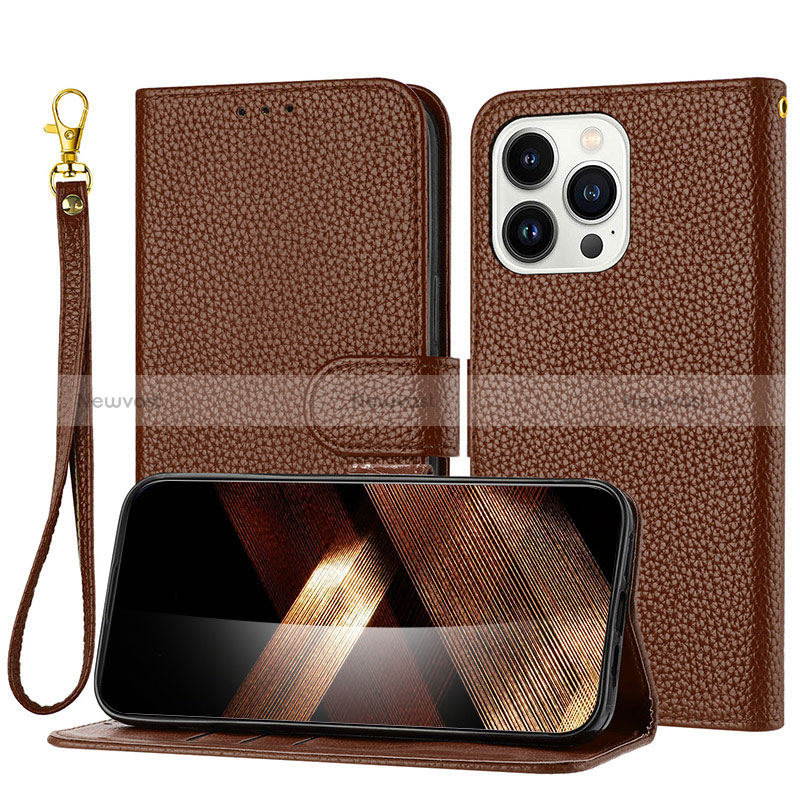 Leather Case Stands Flip Cover Holder Y09X for Apple iPhone 15 Pro Brown