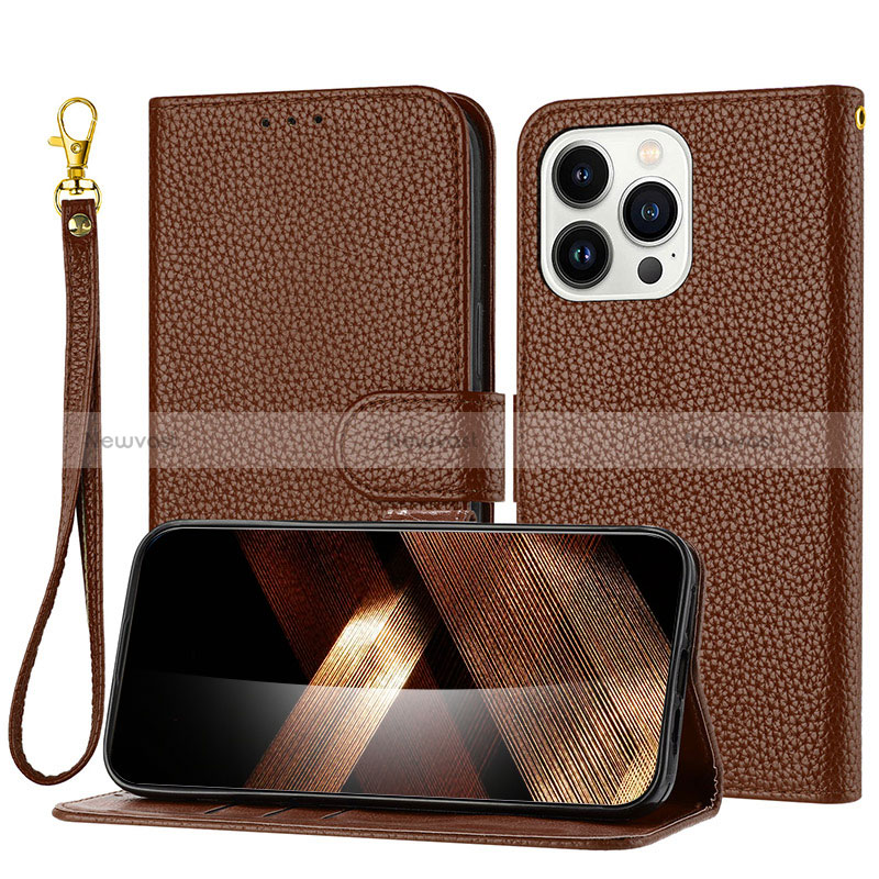 Leather Case Stands Flip Cover Holder Y09X for Apple iPhone 15 Pro Max Brown