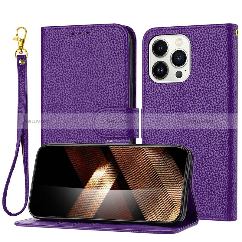 Leather Case Stands Flip Cover Holder Y09X for Apple iPhone 15 Pro Purple