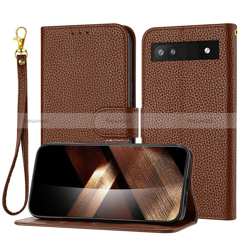 Leather Case Stands Flip Cover Holder Y09X for Google Pixel 6a 5G Brown