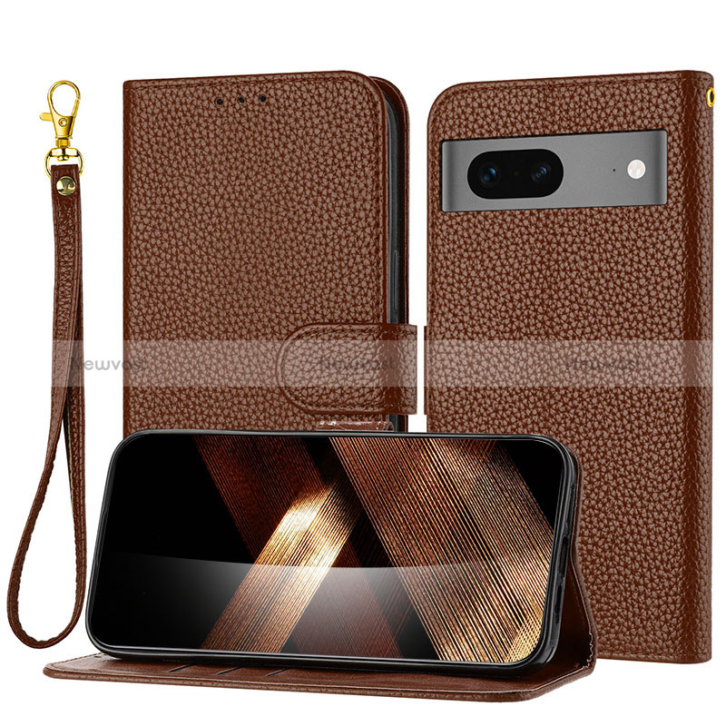 Leather Case Stands Flip Cover Holder Y09X for Google Pixel 7 5G Brown