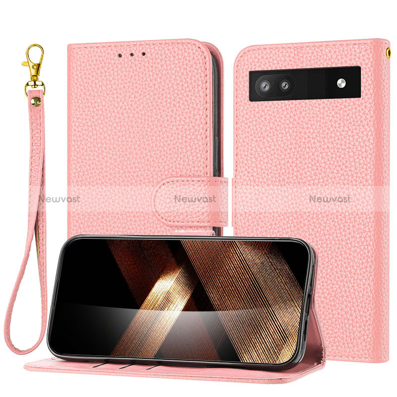 Leather Case Stands Flip Cover Holder Y09X for Google Pixel 7a 5G Rose Gold