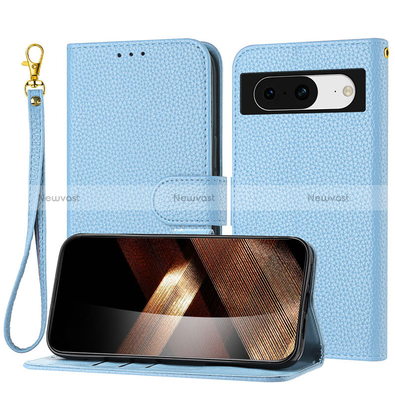 Leather Case Stands Flip Cover Holder Y09X for Google Pixel 8 5G Blue