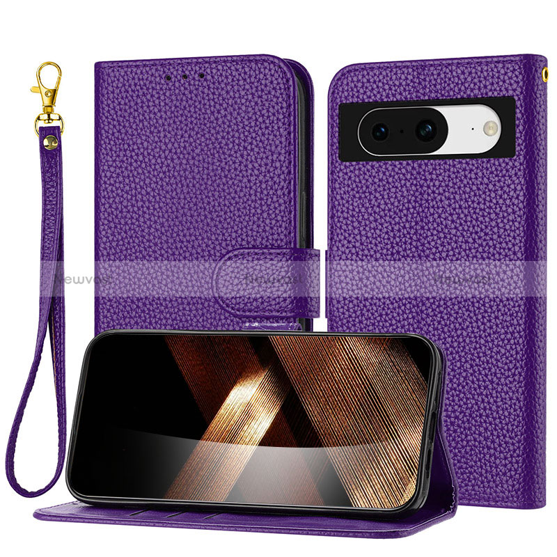 Leather Case Stands Flip Cover Holder Y09X for Google Pixel 8 5G Purple