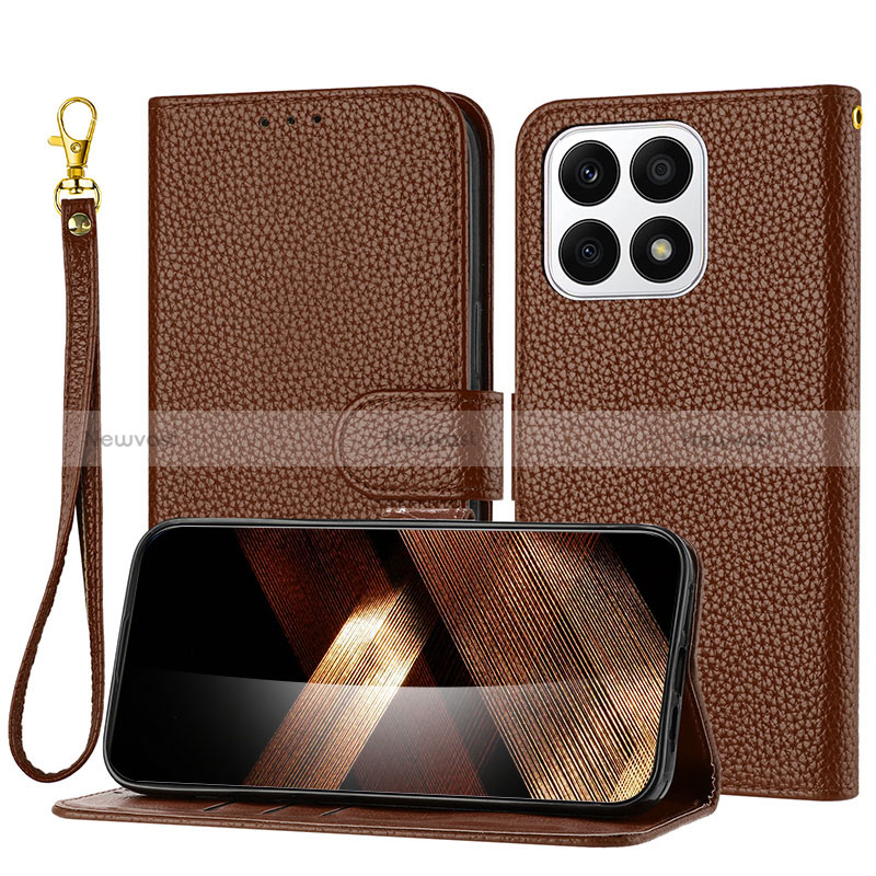 Leather Case Stands Flip Cover Holder Y09X for Huawei Honor X8a 4G Brown