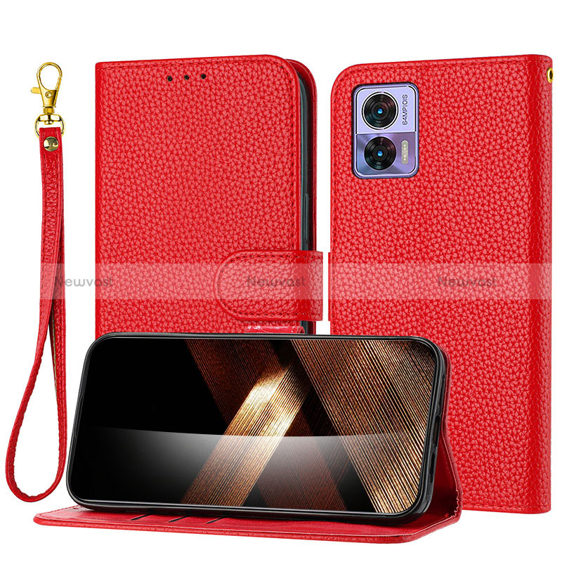 Leather Case Stands Flip Cover Holder Y09X for Motorola Moto Edge 30 Neo 5G Red