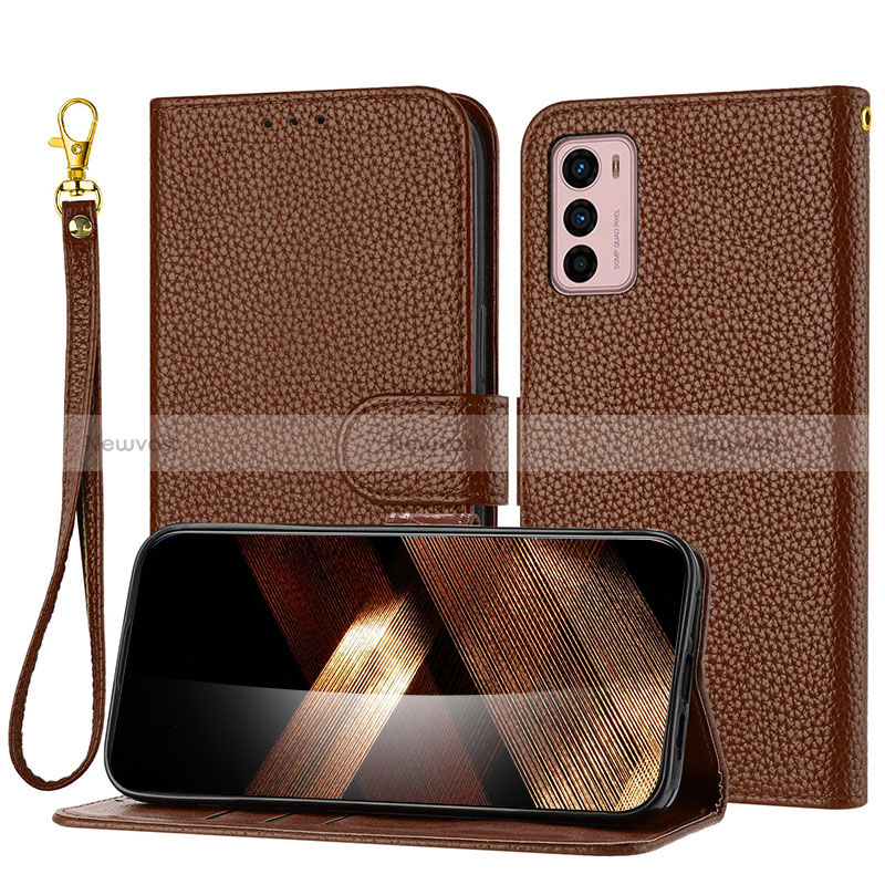 Leather Case Stands Flip Cover Holder Y09X for Motorola Moto G42 Brown