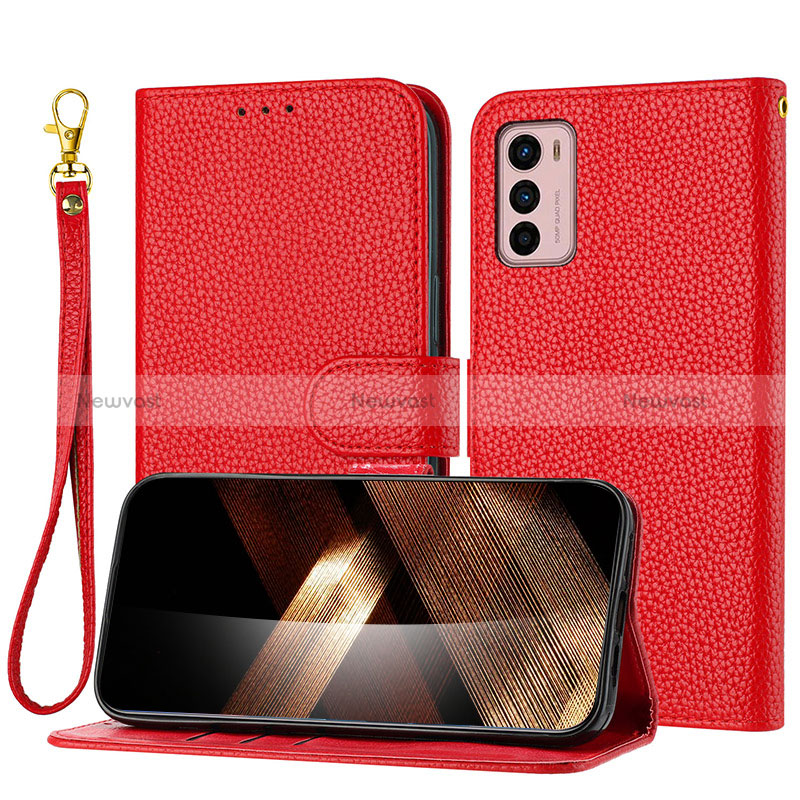 Leather Case Stands Flip Cover Holder Y09X for Motorola Moto G42 Red