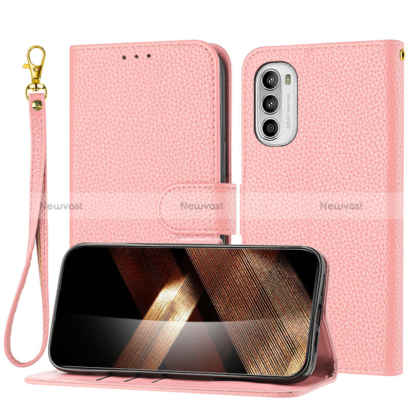 Leather Case Stands Flip Cover Holder Y09X for Motorola MOTO G52 Rose Gold