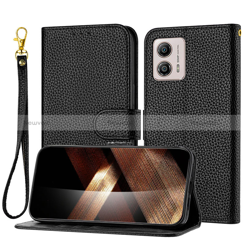 Leather Case Stands Flip Cover Holder Y09X for Motorola Moto G53 5G Black