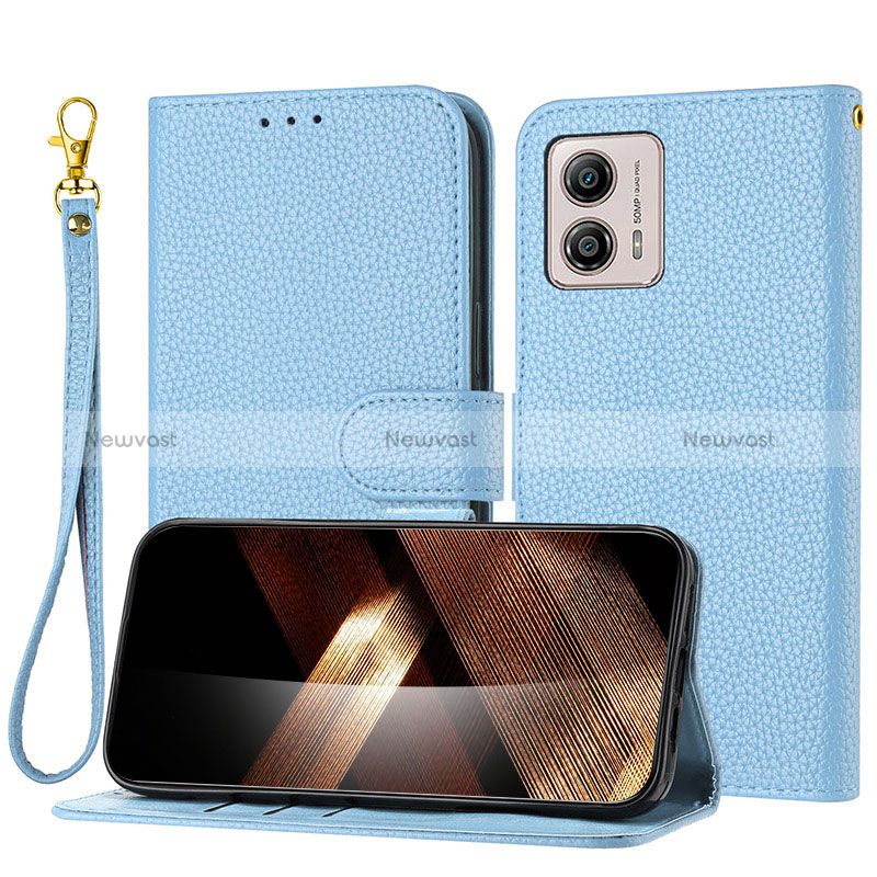 Leather Case Stands Flip Cover Holder Y09X for Motorola Moto G53j 5G Blue