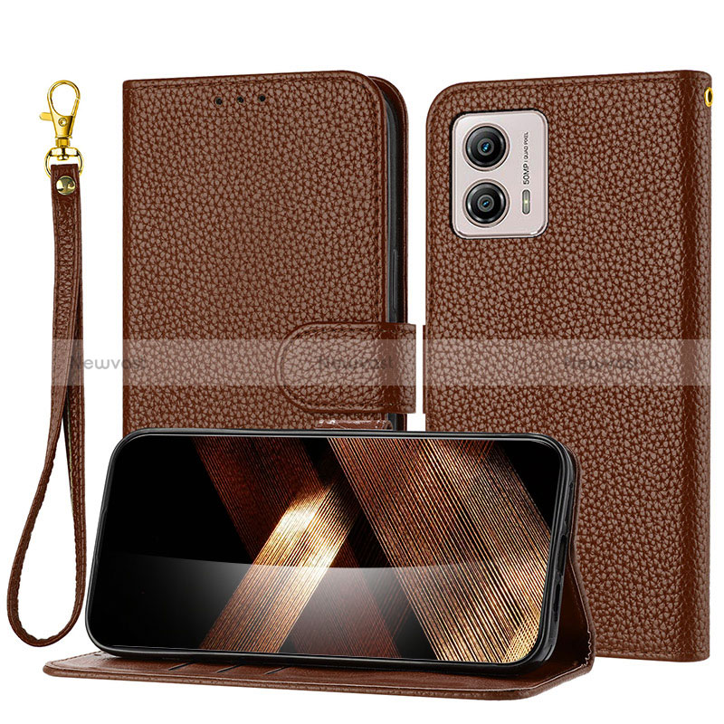 Leather Case Stands Flip Cover Holder Y09X for Motorola Moto G53j 5G Brown