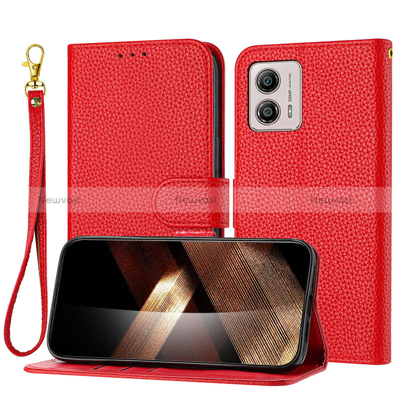 Leather Case Stands Flip Cover Holder Y09X for Motorola Moto G53j 5G Red