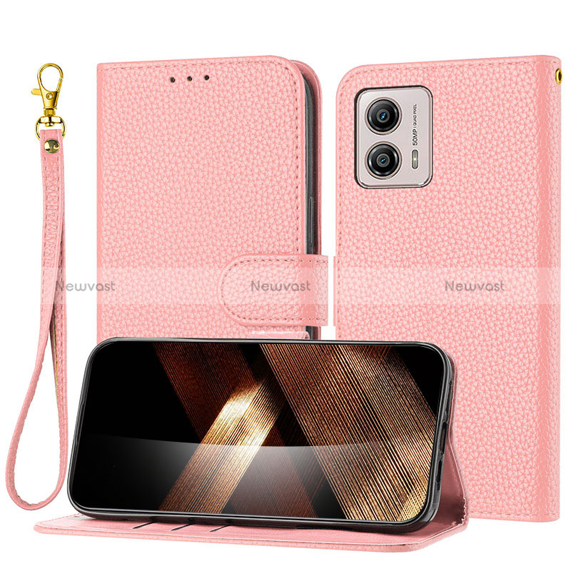 Leather Case Stands Flip Cover Holder Y09X for Motorola Moto G53y 5G Rose Gold