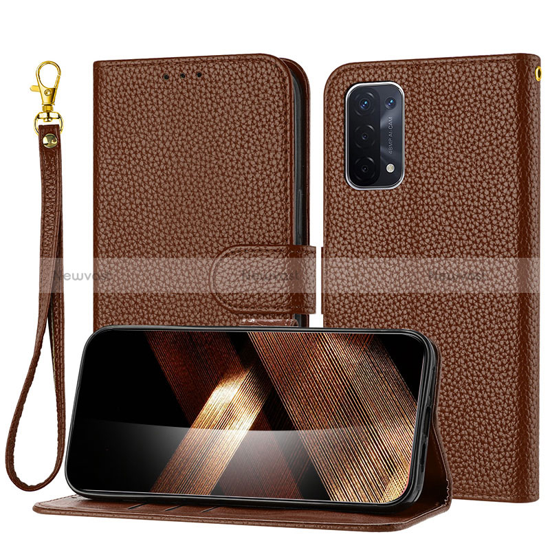 Leather Case Stands Flip Cover Holder Y09X for Oppo A54 5G Brown